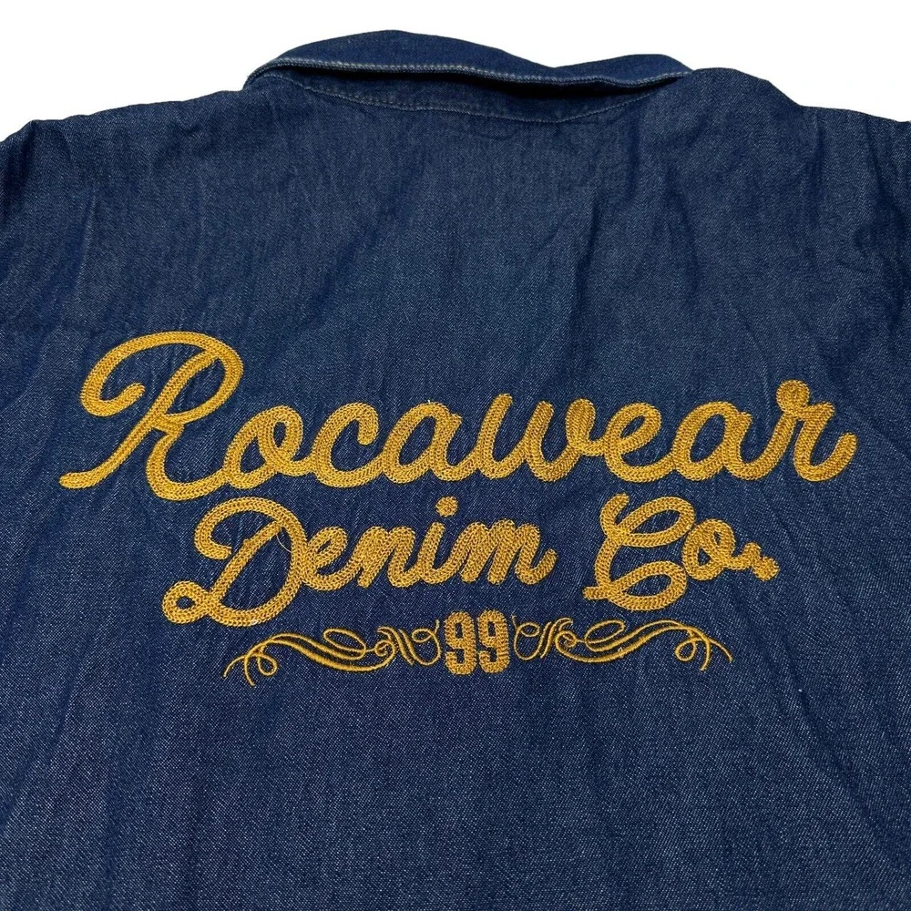 ROCAWEAR Vintage Mens Blue Denim‎ Button Up Jacket Trucker Hip Hop Y2K 3XL